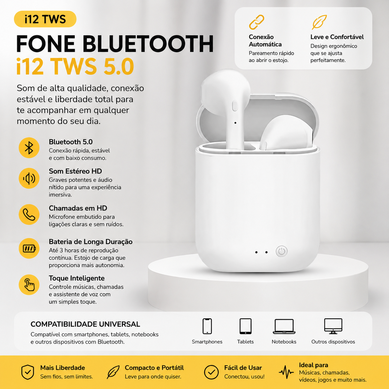Fone Bluetooth TWS i12 5.0 In-Ear Sem Fio com Microfone