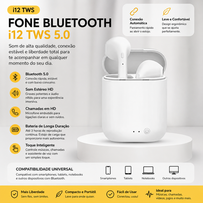 Fone Bluetooth TWS i12 5.0 In-Ear Sem Fio com Microfone