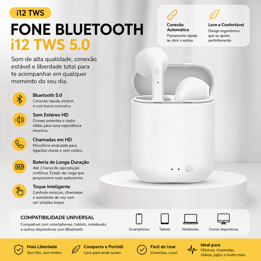 Fone Bluetooth TWS i12 5.0 In-Ear Sem Fio com Microfone